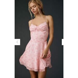 Urban Outfitters Fit-And-Flare Chiffon Mini Dress Pink Roses Medium Coquette NEW